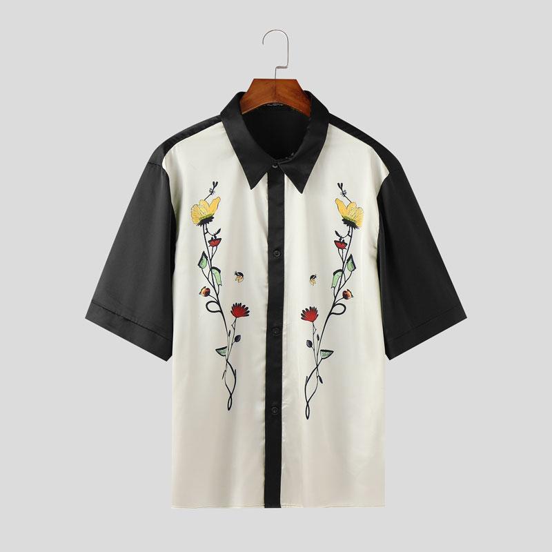 

INCERUN Летние мужские рубашки оверсайз с лацканами, короткими рукавами, принтом со швами, повседневные, свободные 3XL чёрный