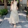 New Arrivals Open Run Women White Ribbon Decoration Punching Cotton Long Dress