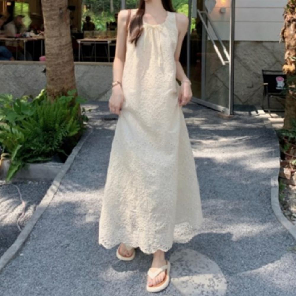 New Arrivals Open Run Women White Ribbon Decoration Punching Cotton Long Dress