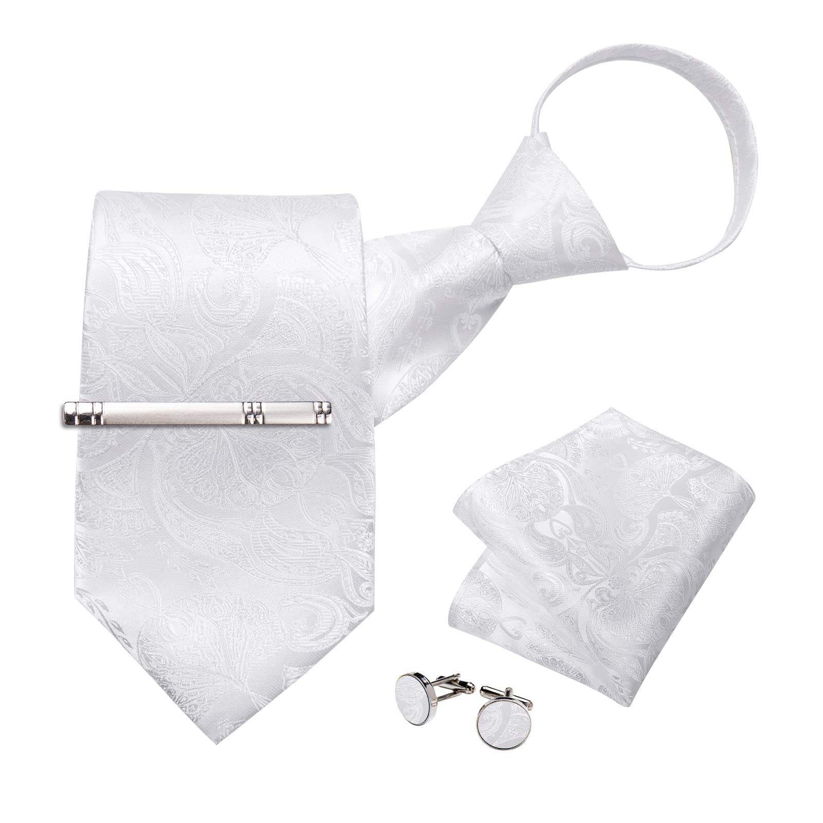 

[DiBanGu] One-touch tie, white paisley, adjustable zipper, 4-piece tie set for weddings, business, formal occasions, washable, parties,