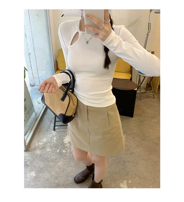 Women's Slim Fit Long Sleeve T-shirt - Pure Desire Collection: Hollow Round Neck, Drop Shoulder, Inner Layer for Autumn/Winter