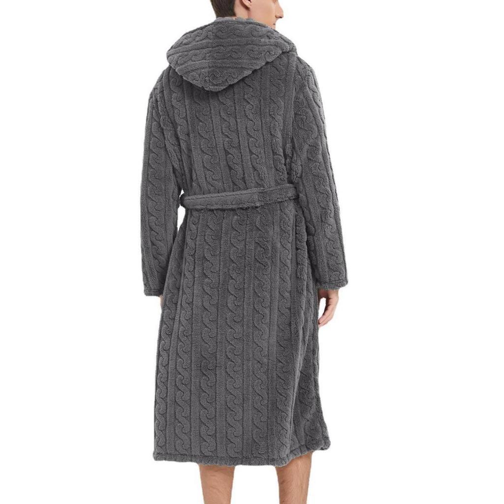 Large Cotton Velvet Jacquard Hooded Men's Nightgown - European & American Style, Thickened for Autumn/Winter, Unisex.