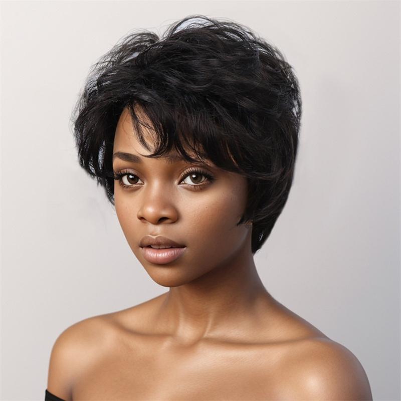 Synthetic Hair Short Black Wigs for Women Natural Hairstyle Casual Wig Black Mixed White Color Fashion Full Wig with Bangs