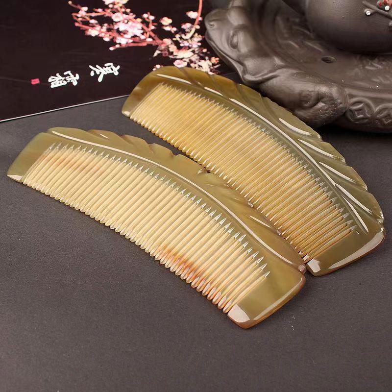 Hornkamm mit breiten Zähnen, Kopfmassage-Meridian, echter halbrunder Tragekamm mit Blumenmuster