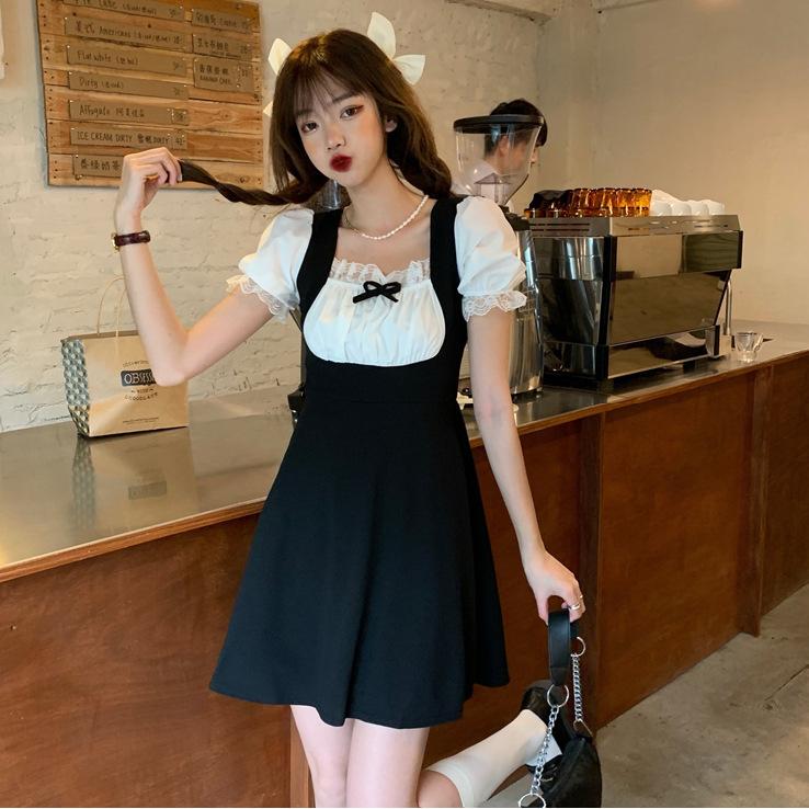 Sweet Collegiate Summer New Korean Version Fashion Slim and Thin Temperament Bubble Sleeve Dress Women's Short Skirt