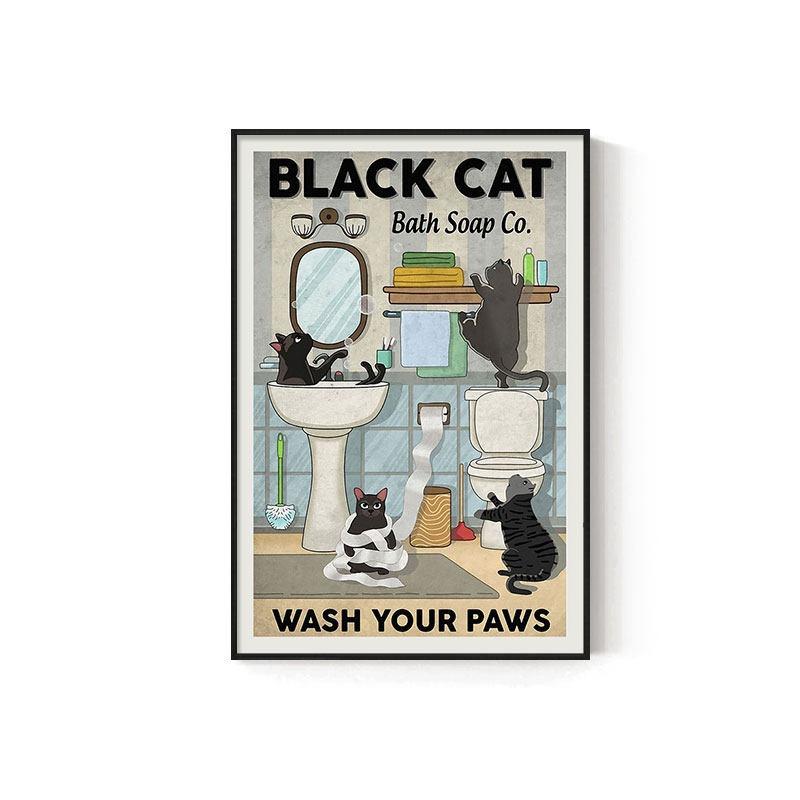 Retro Kitten Cartoon Canvas Painting Bathroom Toilet Poster Toilet Children's Room Decoration Painting for Modern Living Room Asian Style Home Decor