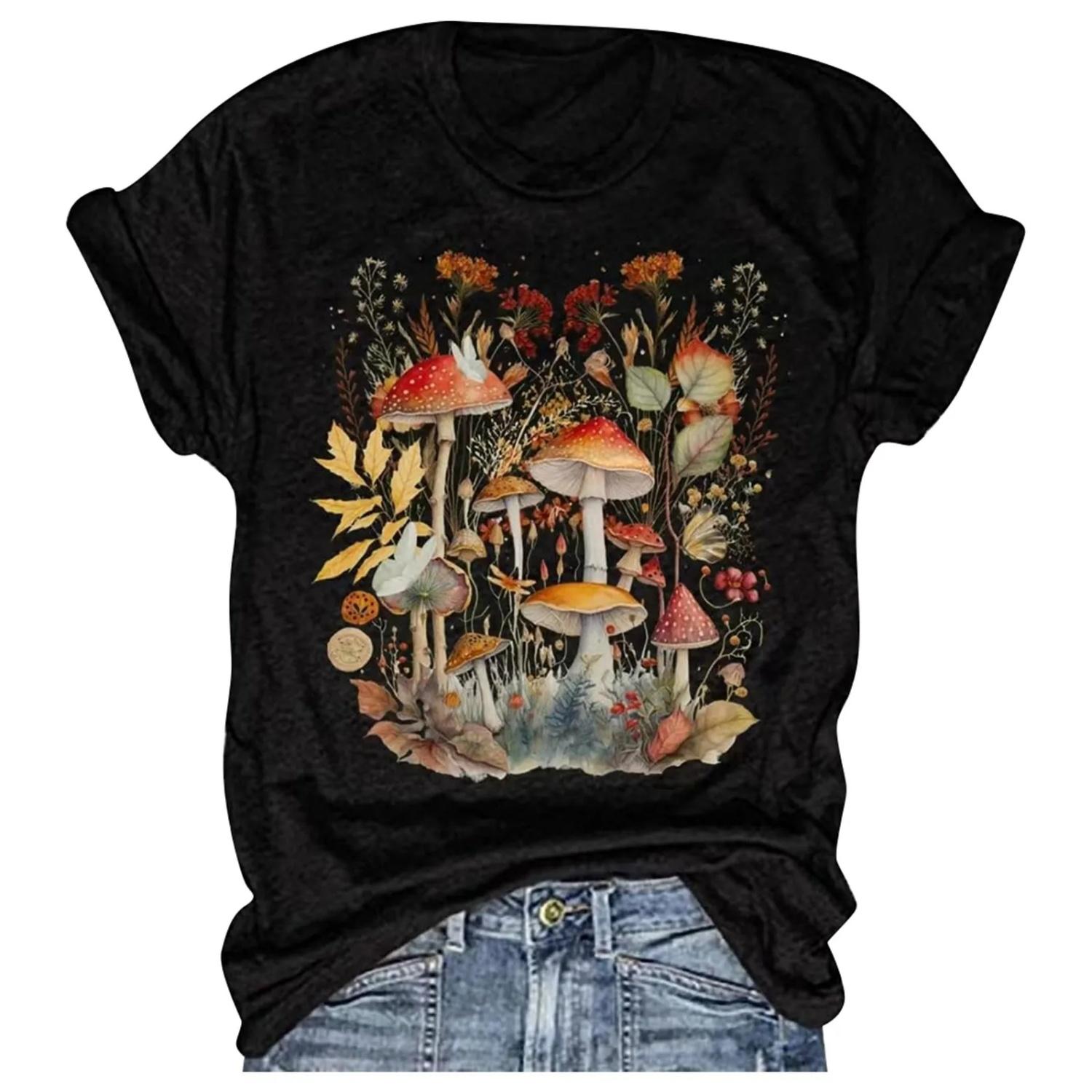 Lady Top Tee Female Mushroom Graphic Tshirt Short Sleeve T Shirt Casual Round Neck Tee Graphic Printed T-shirts Shirt Women S чёрный