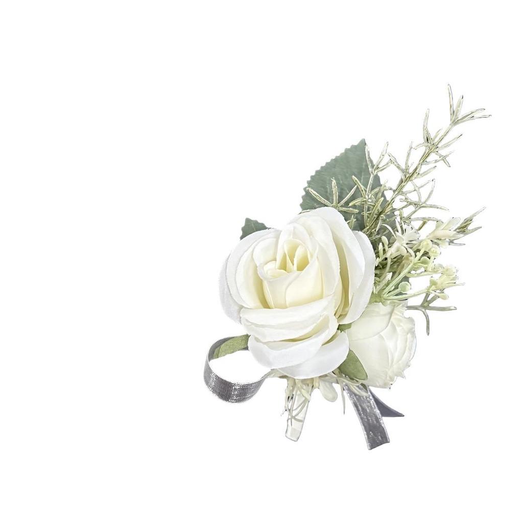 White Forest Style Bridal Party Floral Wrist and Boutonniere Set