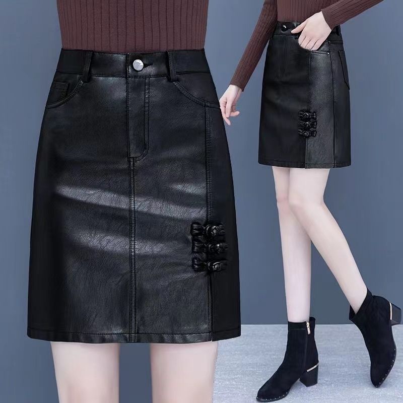 Temperament Autumn Women Solid Button Zipper Asymmetrical High Waist Fashion Slim Pu Leather Short A-line Hip Wrap Skirt
