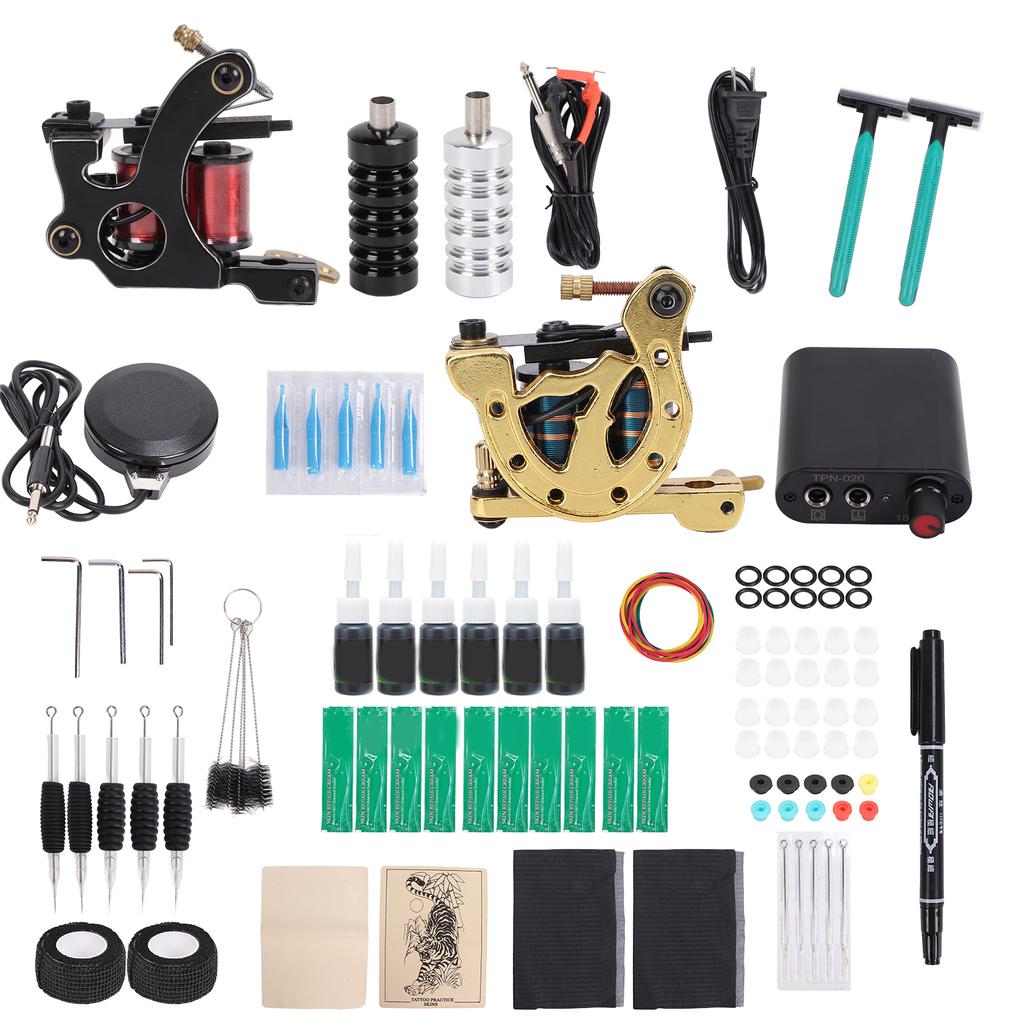 Complete Tattoo Machine Kit Professional Tattoo Beginner Gun Power Supply Clip Cord Inks 90‑265VUS