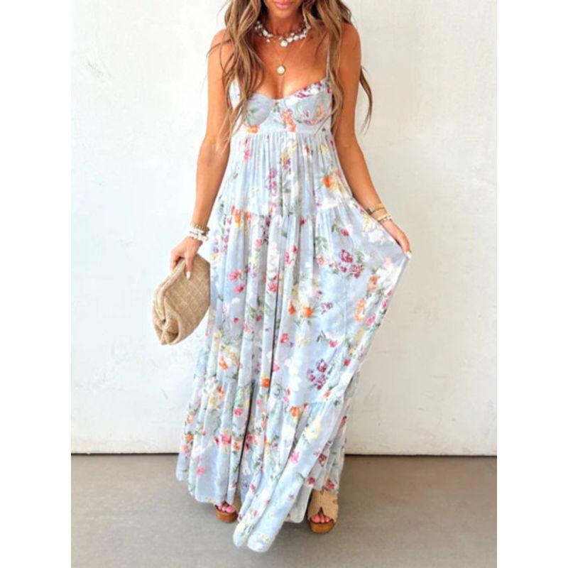 

European American Summer New Print Sleeveless Open Back Elegant Elegance Sling Dress Women s Clothing Blue S