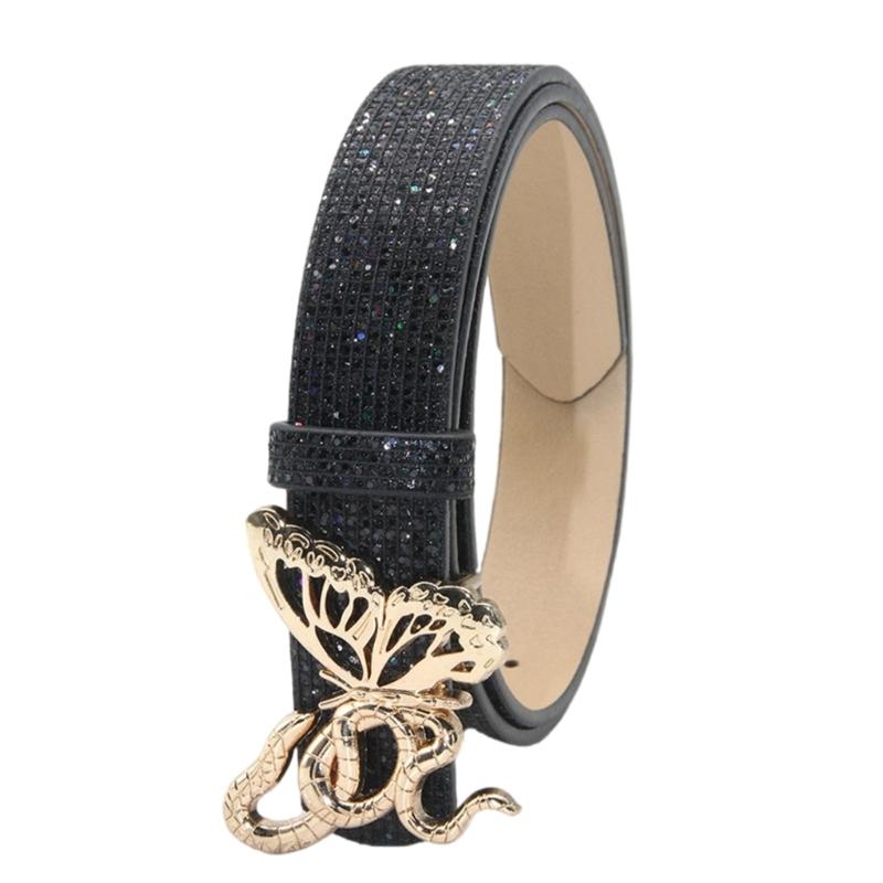 

Adjustable PU Belt With Butterfly Buckles Design For Women Teens Blingbling Rhinestones Waist Strap For Daily Wear чорний