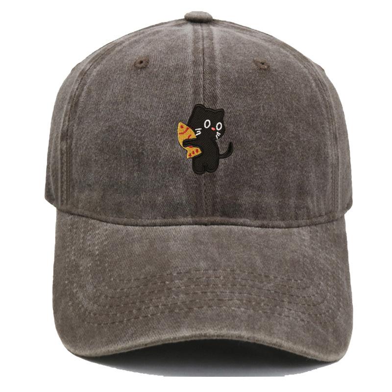 Vintage Washed Black Cat Holding Pizza Embroidery Baseball Cap Unisex Adjustable Brim Dad Hat Pet Lover Casual Outdoor Sun Hat