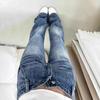 Large Size Micro Flare Washed Cracked Jeans Female Mid-waist Wide Leg Loose Design Sense Trailing Straight Trousers Jeans for Women Long Denim Pants