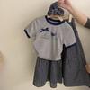 Girls' Contrast Edge T-Shirt & Plaid Skirt Set - Cartoon Embroidery (2-Piece Summer Outfit)