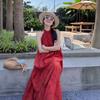 New Chinese Vintage National Style Jacquard Red Halter Dress for Women, Summer Seaside Vacation Elegant Long Skirt with a Wide Swing
