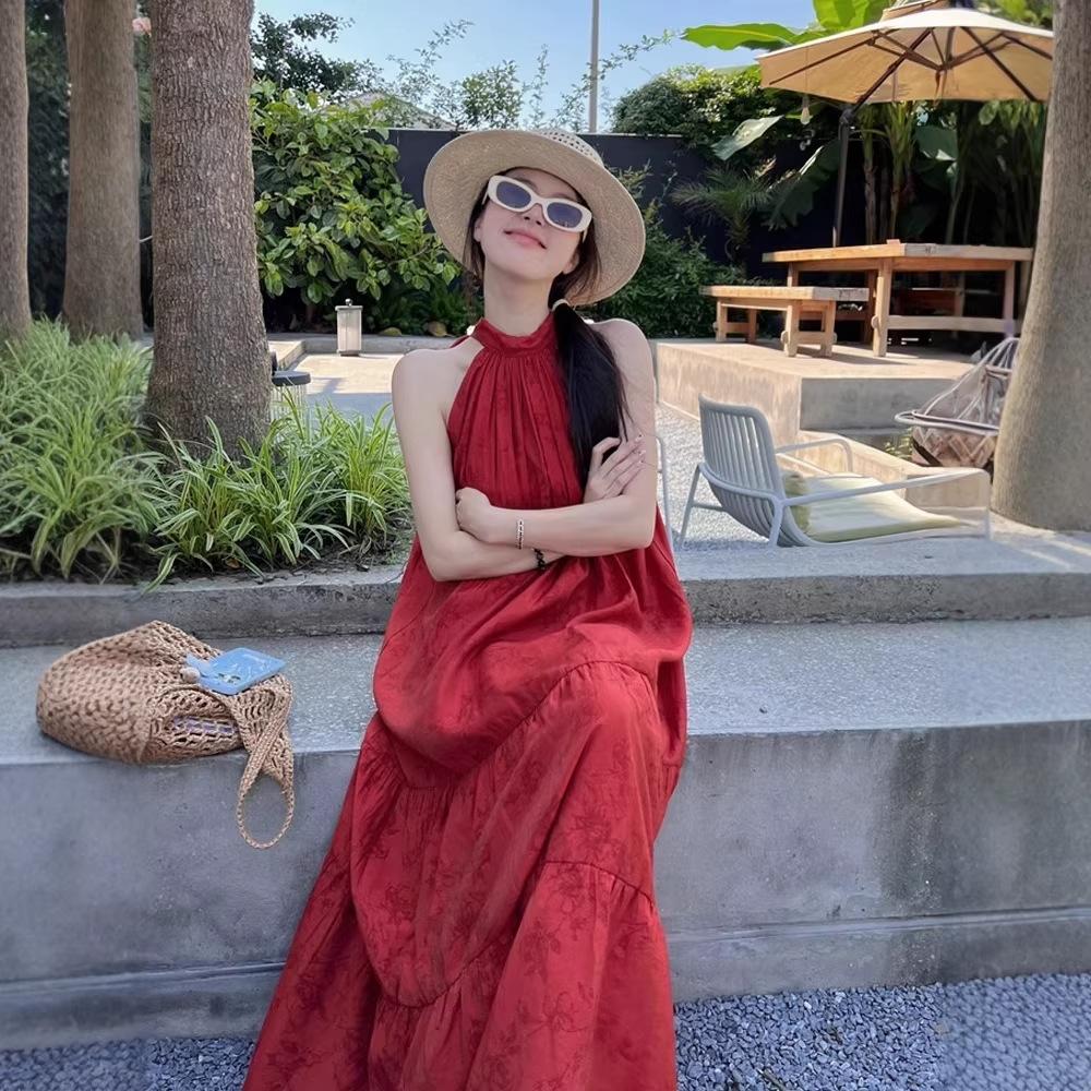 New Chinese Vintage National Style Jacquard Red Halter Dress for Women, Summer Seaside Vacation Elegant Long Skirt with a Wide Swing