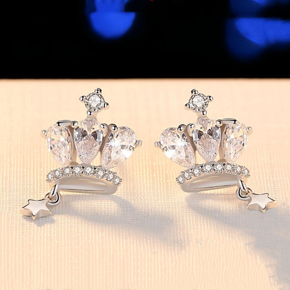Fashion Silver Plated Crown Stud Earrings for Women Simple and Stylish Full Diamond Short Hair Earrings