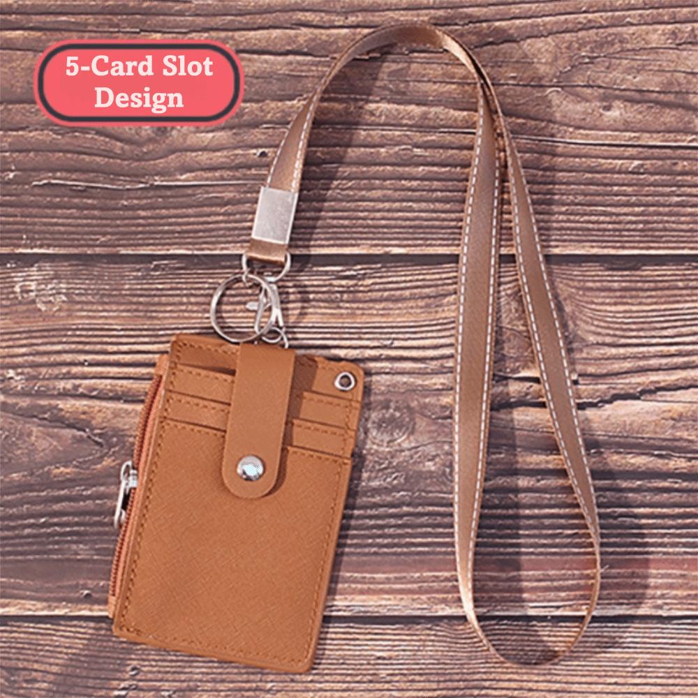 

5 Card Slot Design Coin Purse Wallet PU Leather with Lanyards Neck Strap ID Card Holder Zipper Pocket Multi-compartment коричневый