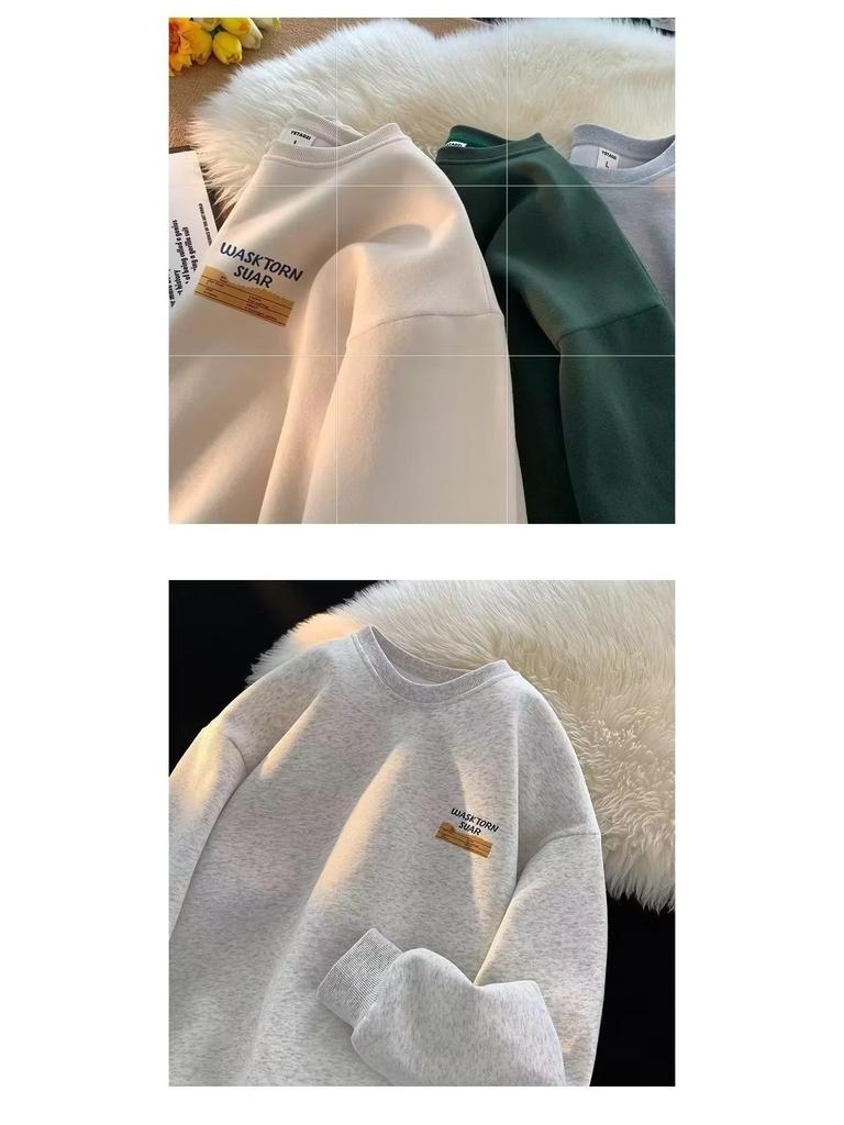 Men's Retro Heavyweight Crewneck Sweatshirt - Hong Kong Style, Plus Velvet, Loose Fit for Autumn/Winter