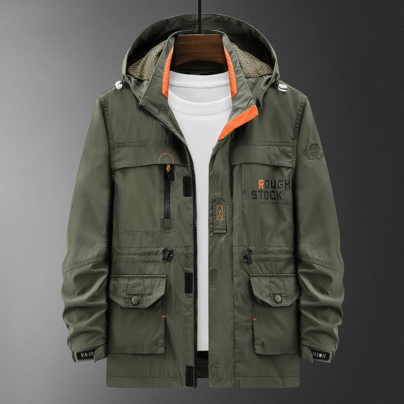 Men's Mid-Length Hooded Outdoor Jacket - Autumn/Winter, Plus Velvet, Multi-Pocket, Loose Fit