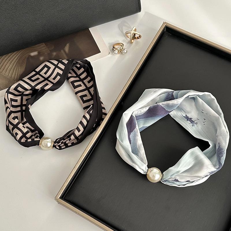 Silk scarf long strip high-end spring and summer new versatile pearl necklace neck chain scarf magnetic buckle silk scarf