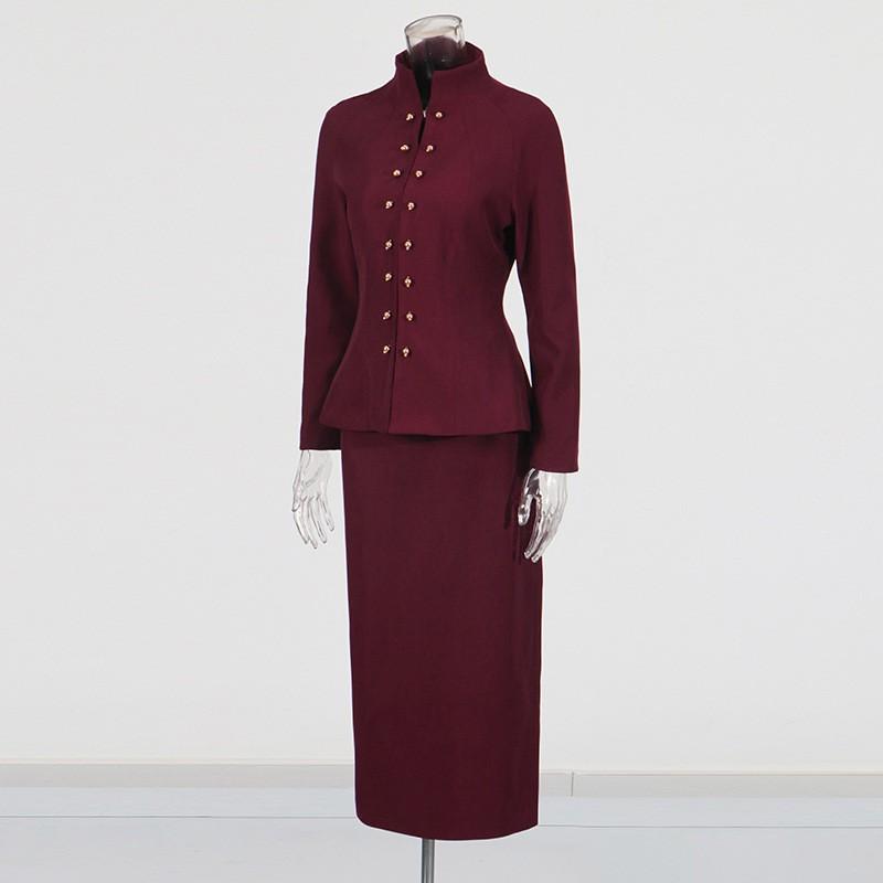 French Retro Elegant Style Suit Standing Collar Waist Invisible Hook Button Coat High Skirt Women's