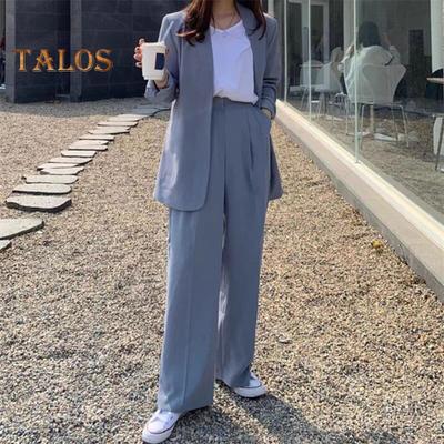 2 Stuks/Set Dames Formele Jas Broek Set Lange Mouwen Open Steek Cardigan Midi Lengte Jas Losse Rechte Wijde Pijpen Hoge Taille Broek Formeel Zakelijk
