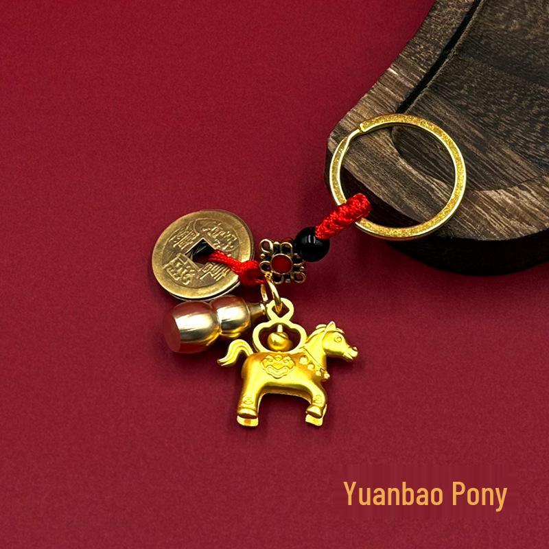 Year of the Horse Copper Coin & Gourd Keychain: Success & Five Blessings Retro Ornament