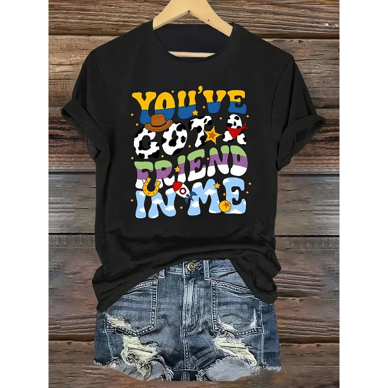 

European sizes Women s Casual Round Neck Short Sleeve T-Shirt | Printed You ve Got a Friend in Me Alphabet Pattern 4XL чорний