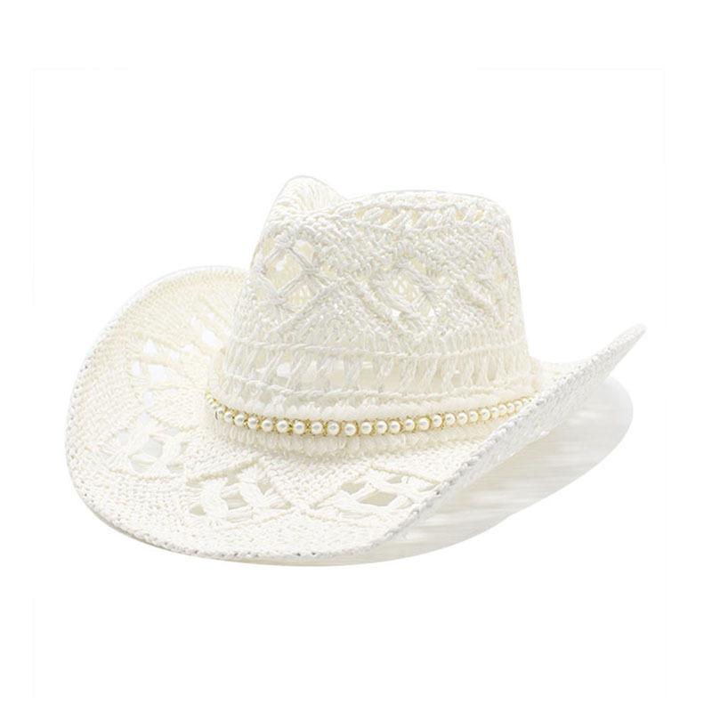 Hollow-Out Western Denim Straw Hat, Curled Edge, Beach Hat, Men'S And Women'S Summer Outdoor Sunshade Straw Hat