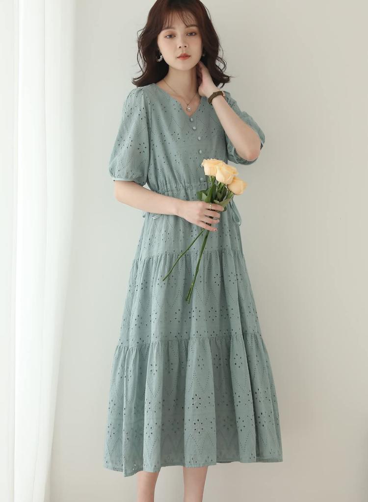 Sueeya Long Dress with Embroidered Short Puff High Stylish Perfect for and Outings in Summer Women's Lace, Sleeves, Ruffles, Sleeves, Waist, Ribbon,