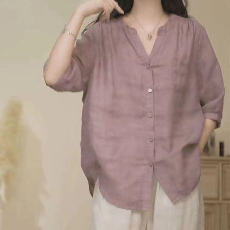 2025 Art Retro Summer Thin Cotton and Hemp Shirt Women's Loose V-neck Shirt Jacket Casual Small Shirt