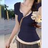 Korean Y2K Lace Faux Two-Piece Short Sleeve Women's Slim Top