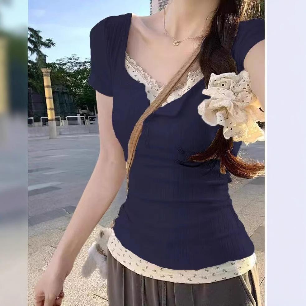 Korean Y2K Lace Faux Two-Piece Short Sleeve Women's Slim Top