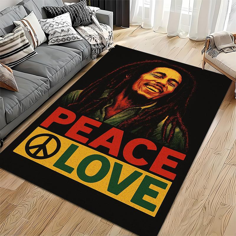 Reggae Music Area Rug, Bob Marley Peace Love Rasta Colours Black Background Print, Reggae Rasta Fan Decor, Non-Slip Mat