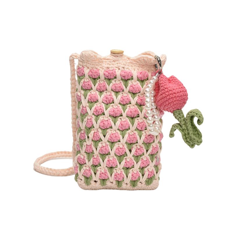 

2025 Маленькая сумка через плечо Сумка для мобильного телефона Нишевая Универсальная Тюльпан Шерсть Ручная вязка Готовая сумка