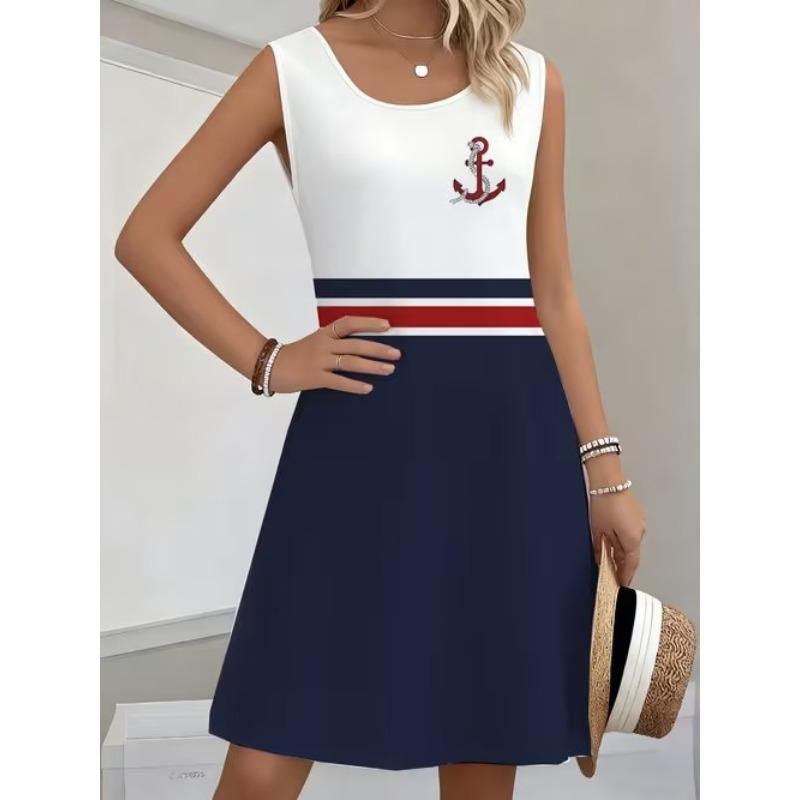 Abito da donna senza maniche con scollo rotondo e stampa a motivi geometrici, morbido, comodo e di taglia comoda