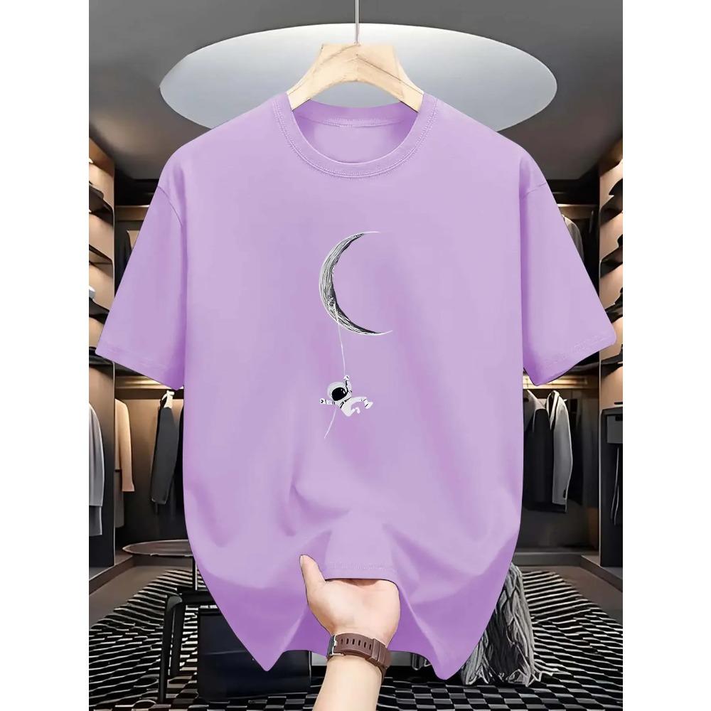 Astronaut & Moon Print Men'S T-shirt, Casual Short Sleeve Crew Neck Tee,   Composition, Regular Fit, Slight Stretch