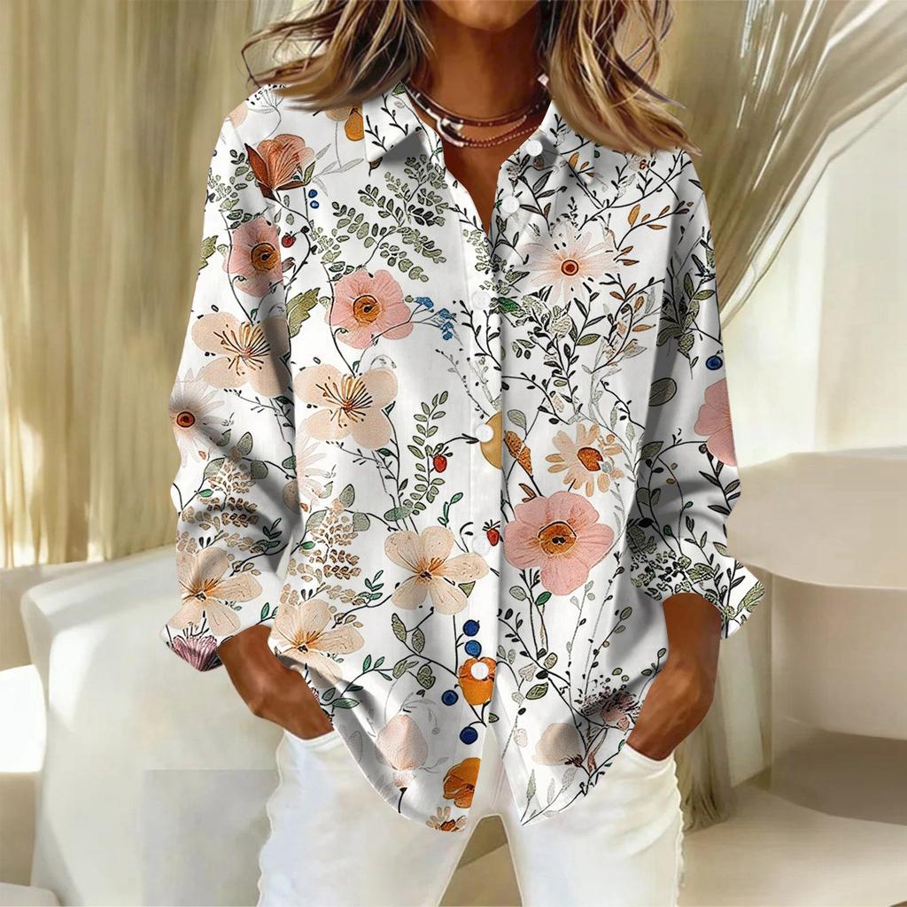 Dámská košile s knoflíky s květinovým potiskem, ležérní košile s dlouhým rukávem, halenky, ležérní základní topy plus size