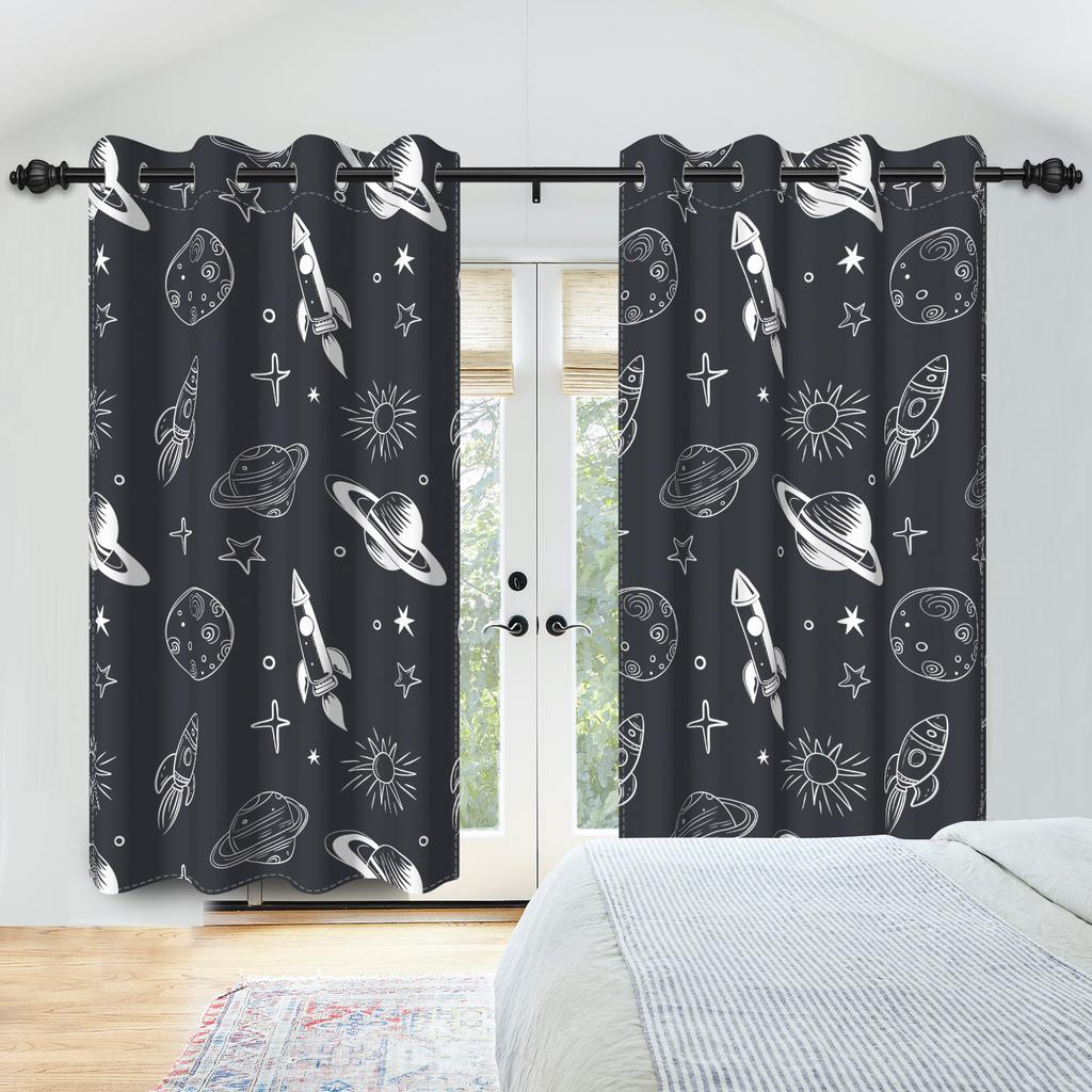 Set mit 2 Vorhängen im Weltraum-Thema Sterne Cartoon Astronomisches Design Kinderzimmer Dekoration Schlafzimmer Wohnzimmer Fenster Vorhänge Verdunkelnd Polyester Ideal