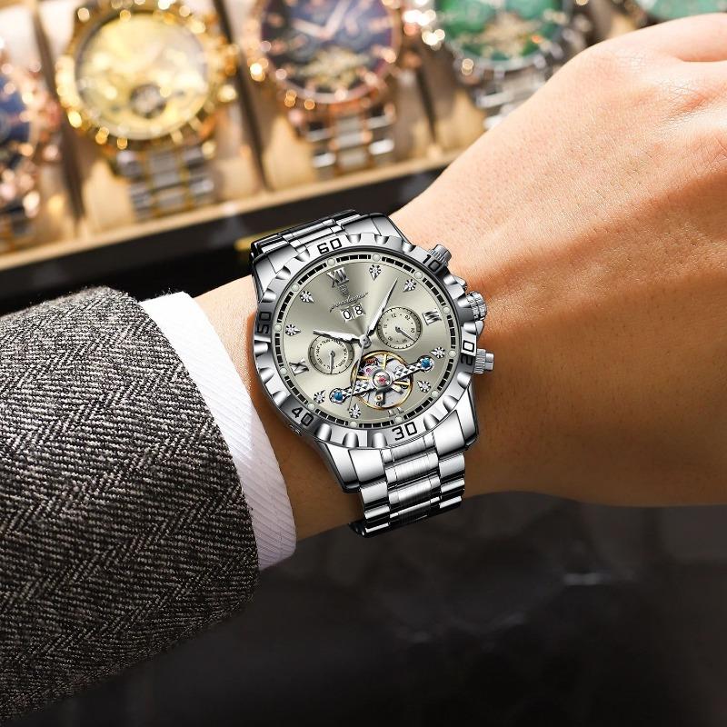 POEDAGAR Top Luxury Men Watch Automatic Date Week Man Wristwatch Hollow Tourbillon Mechanical Stainless Steel Watches