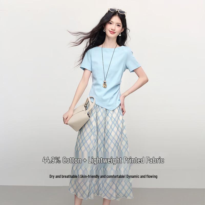 Women's French Style Summer T-shirt & Plaid Skirt Set