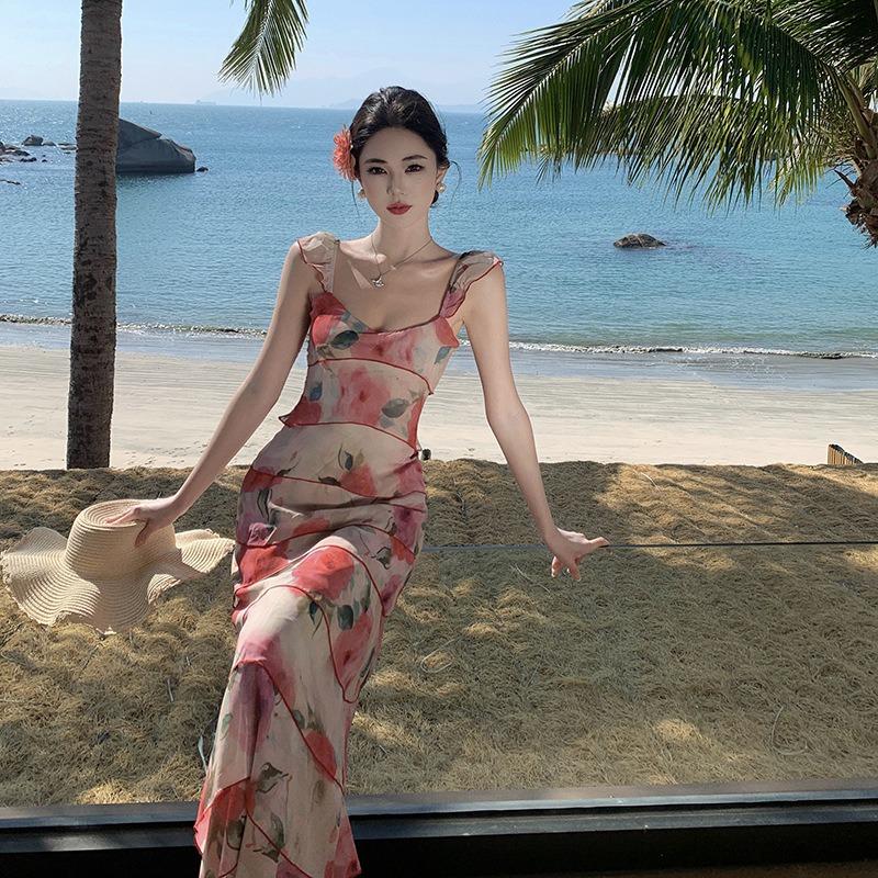 Pink Retro Oil Painting Print Suspender Dress Women's Summer French Waist Thin Seaside Vacation Cake Skirt