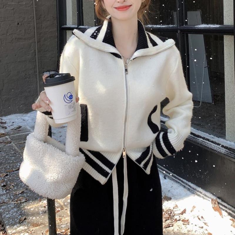 Jachetă Pulover cu Fermoar cu Rever în Culori Contrastante pentru Femei, Design Nișă Lejer cu Gât Înalt Tricotat, Cardigan Topuri Confortabile Versatile