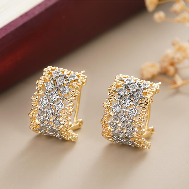 

Huitan Women Two Tone Stud Earrings Hollow Design Elegant Noble Wedding Engagement Charming Accessories Zircon for Lady Party