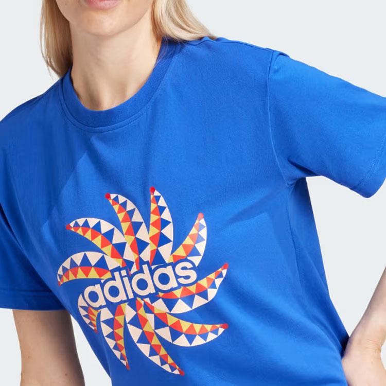 Adidas X Farm Rio Collaboration Letter Geometric Pattern Printed Round Neck Short Sleeve Drop Shoulder T-Shirt Women T-Shirt Blue IQ4485