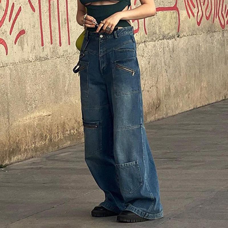 Fashion Multi Pockets Zippered Distressed Jeans for Women Streetwear New Loose Straight Leg Wide Leg Denim Pants Casual Elegant Long Trousers 732