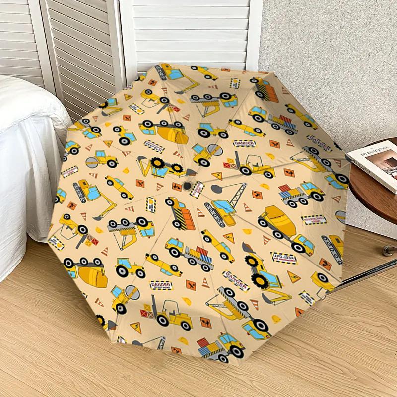 Construction Vehicles Print Automatic Opening Umbrella - Portable Tri-Fold Design with 8-Bone Iron Frame, , Ideal Gift for Fans, Travelers,