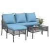 Outdoor Rattan Garden Set with 1 2-Seater Sofa 1 Corner Sofa and 1 Coffee Table Glass Top Blue